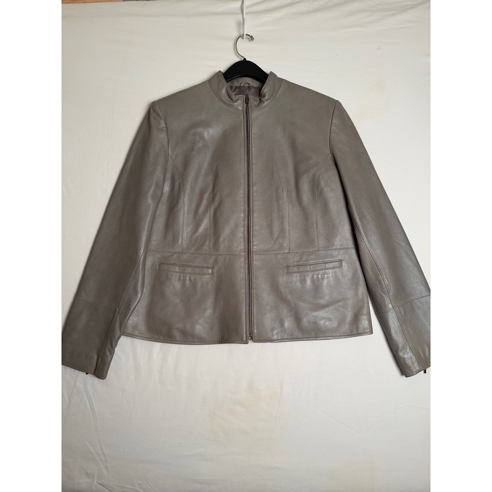 Womens Taupe Grey Leather Zip Front Stand Collar Jacket with Pockets